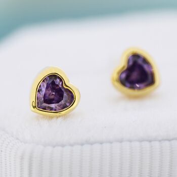 Tiny Amethyst Purple Cz Heart Stud Earrings, 7 of 12