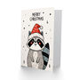 Cute Kawaii Cartoon Racoon In Santa Hat Christmas Card, thumbnail 2 of 4