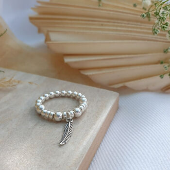 Sterling Silver 925 Feather Charm Stretch Bead Ring, 5 of 6