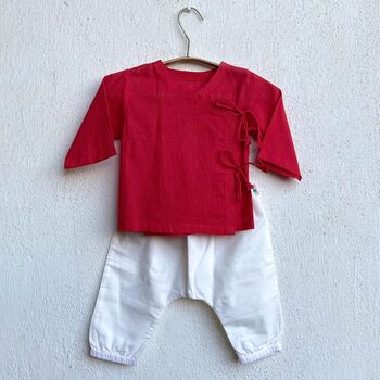 Unisex Organic Red Angrakha And White Pants, 2 of 3