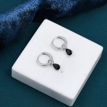 Sterling Silver Black Cz Droplet Hoop Earrings, 3 of 11