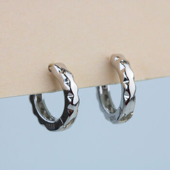 Sterling Silver Geometric Surface Huggie Hoop Earrings, 5 of 7