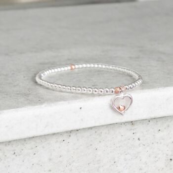 Sterling Silver Heart Charm Stretch Beaded Bracelet, 3 of 11