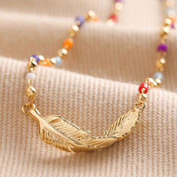 Rainbow Beaded Feather Charm Necklace In Gold Plating, 3 of 7