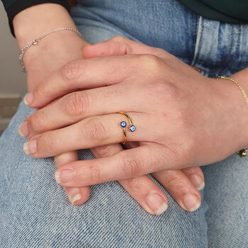 Turkish Blue Evil Eye Nazar Gold Plated Stacking Ring, 2 of 5