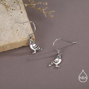 Sterling Silver Pigeon Bird Drop Hook Earrings, 5 of 10