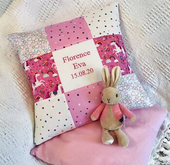 Pink Unicorn Name And Date Cushion, 2 of 5
