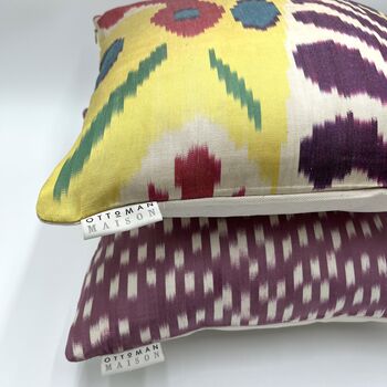Square Ikat Silk Cushion Yellow And Purple Abstract, 5 of 7