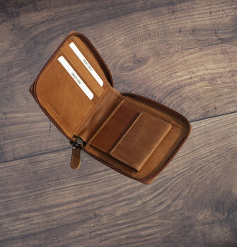 Men's Zip Around Cognac Leather Wallet Soft Leather Rfid Protected, 3 of 7