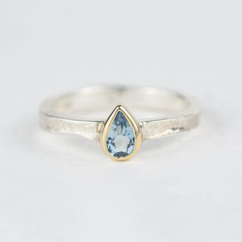 Teardrop Aquamarine March Birthstone Silver And Gold Ring, 5 of 6