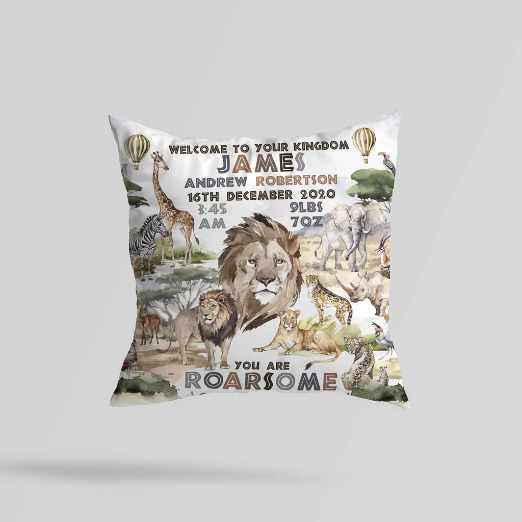 Personalised Wild Safari Animal Keepsake Birth Cushion, 1 of 4
