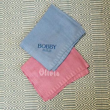 Personalised Blue/Pink Knit Baby Blanket And Hat, 4 of 8