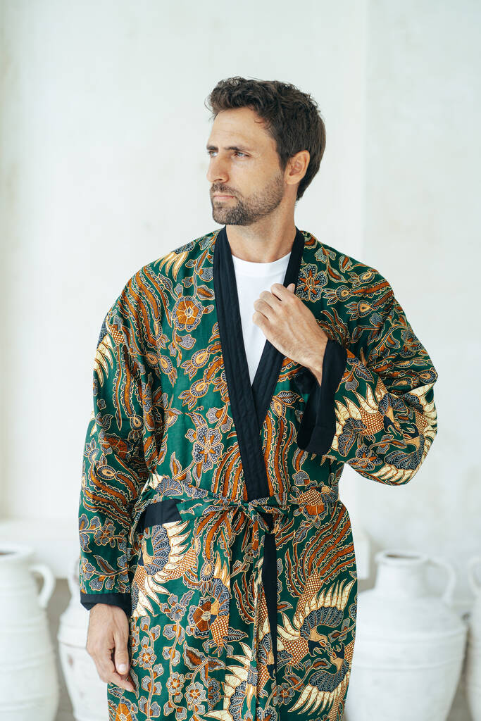 Green Men's Full Length Batik Kimono Robe By Sukara