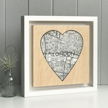 Personalised White Heart Shaped Map Print On Wood, 2 of 8