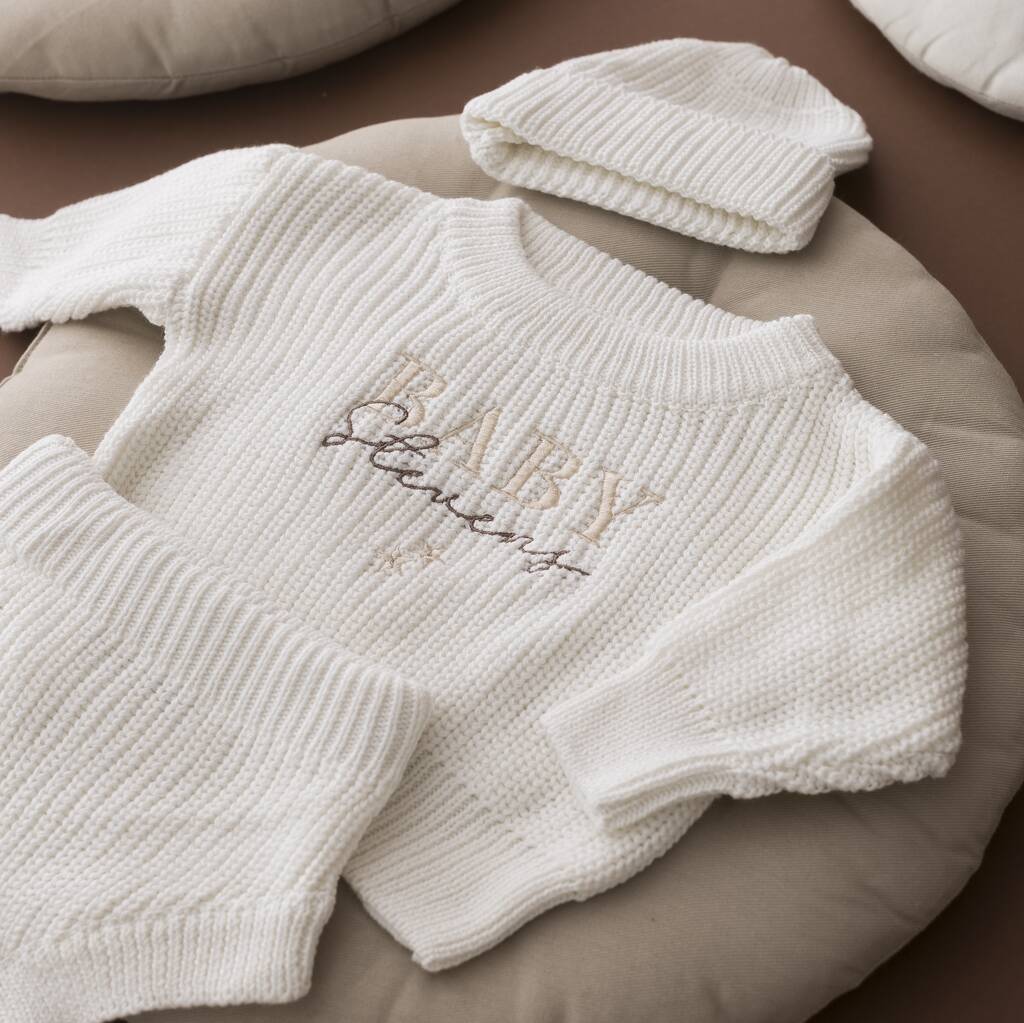 Personalised Baby Surname Knitted Baby Set, 1 of 3