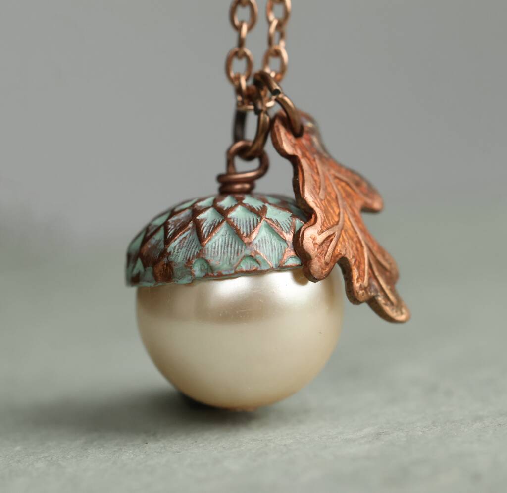 Verdigris Pearl Acorn Necklace, 1 of 11