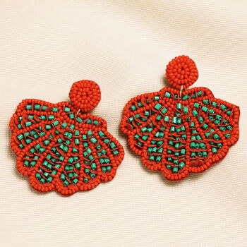 Beaded Red And Green Shell Drop Earrings, 2 of 4