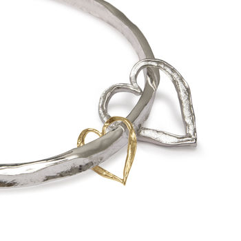 Silver And Gold Textured Double Heart Bangle, 3 of 4