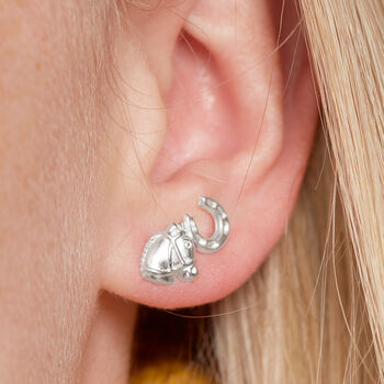 Sterling Silver Horse And Horse Shoe Stud Earrings, 2 of 3