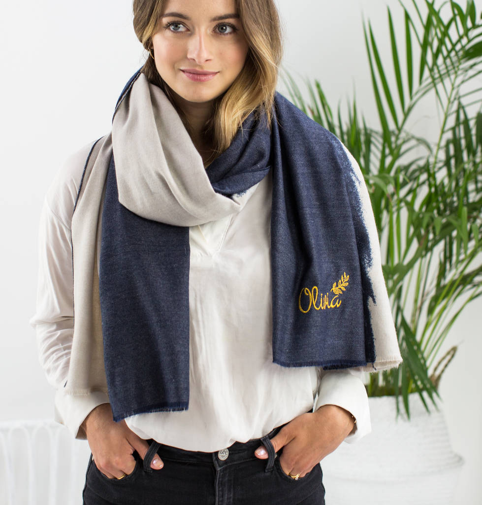 Personalised Navy To Stone Scarf By The Forest & Co