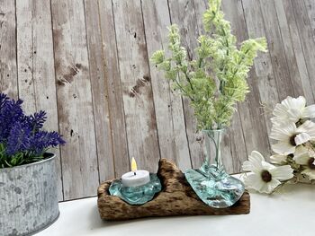 Molten Glass Mini Vase And Tealight Set On Teak Root Base, 3 of 12