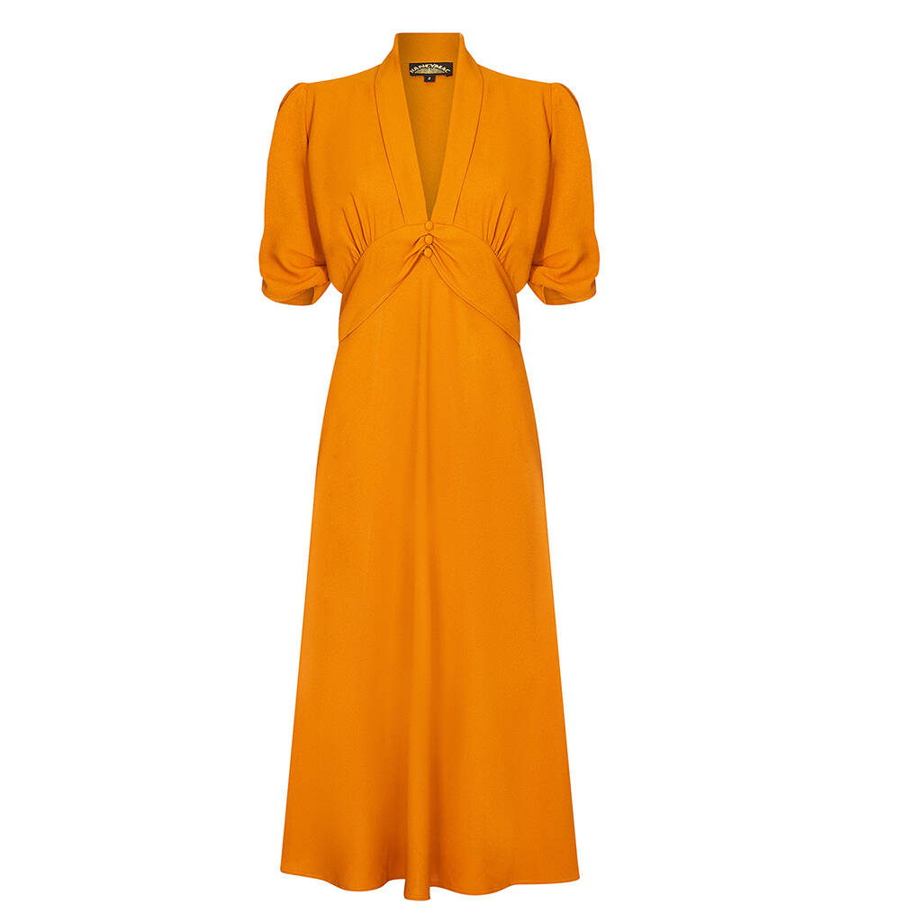 Elegant Midi Length Tea Dress In Saffron Crepe By Nancy Mac ...