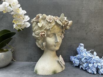 26cm Grey Green Ladies Head Plant Pot With Pink Flowers, 10 of 12