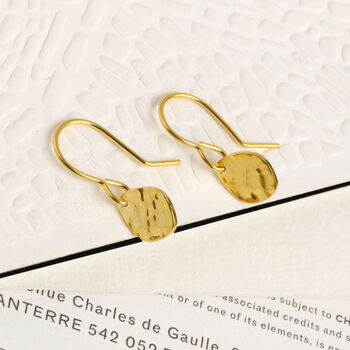 18ct Gold Plated Hammered Almond Drop Earrings, 3 of 7