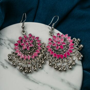 Pink Enamel Asian Indian Boho Danglers Earrings, 2 of 8