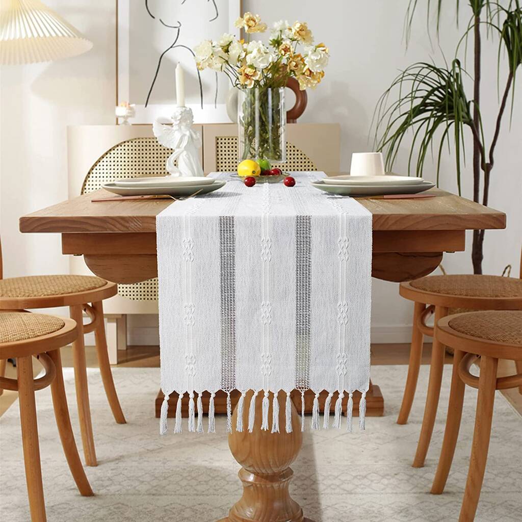 Wide Hollow Ivory Color Cotton Linen Table Runner, 1 of 7