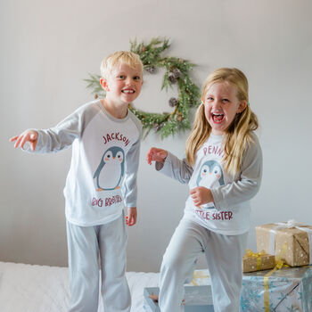 Personalised Penguin Sibling Kids Christmas Pyjamas, 4 of 12