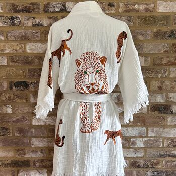 Organic Short Cotton Kimono: White With Cheetah, 2 of 4
