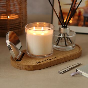 Personalised Solid Oak Candle Display Tray With Optional Lid Holder Slot, 5 of 11