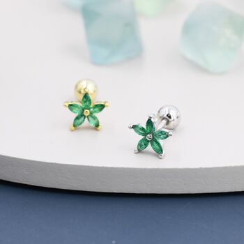 Emerald Green Cz Flower Screw Back Earrings, 2 of 11