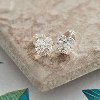 Monstera Palm Leaf Solid Silver Stud Earrings, 2 of 4