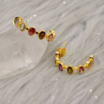 Pink Green Tourmaline Silver Hoop Earrings, 4 of 12