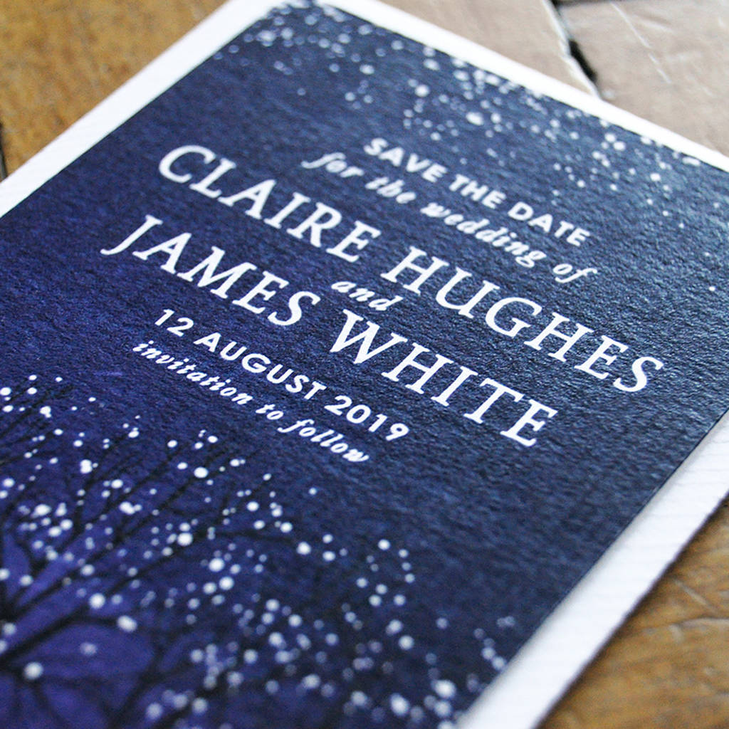 Winter Snow Wedding Save The Date Card And Magnet, 1 of 6