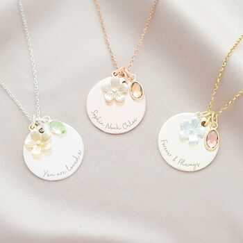Flower And Birthstone Charm Personalised Disc Necklace, 3 of 11