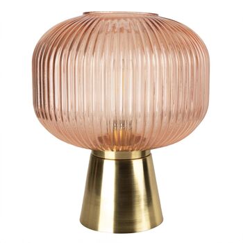 Elegant Battery Powered Amber Ridged Glass Table Lamp With Brass Base, 2 of 5