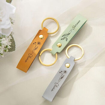 Personalised Leather Keyring With Birth Flower And Name – Custom Birthday Gift, 4 of 8