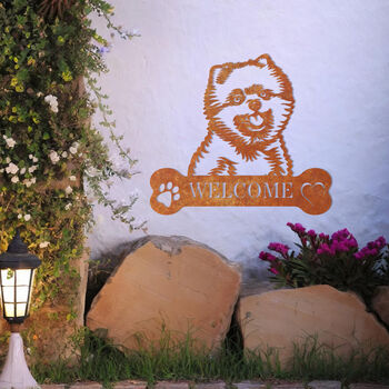 Customisable Pomeranian Welcome Metal Wall Art Sign For Home And Garden Decor, 8 of 11