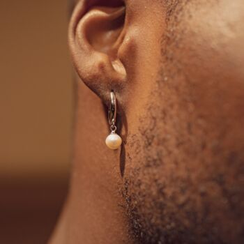 Mens Silver Pearl Dangle Hoop Earrings, 7 of 9