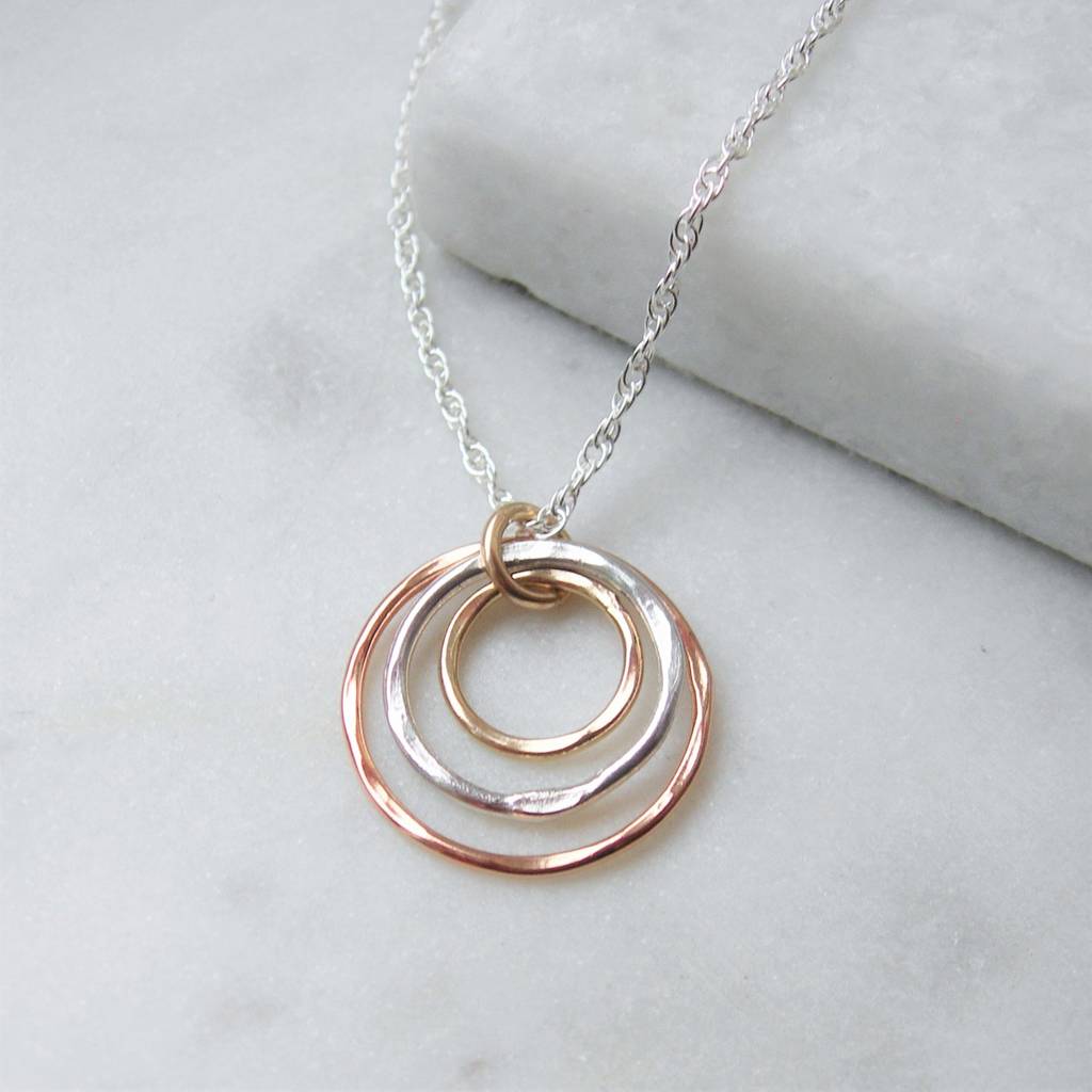 Rolled Rose Gold, Silver And Gold Circles Necklace By Hazey Designs