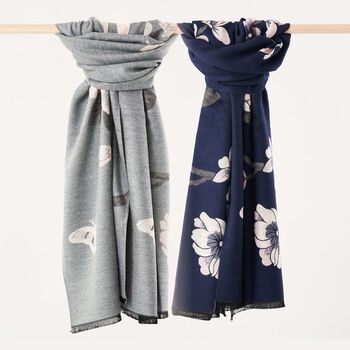 Cherry Blossom Blue Or Grey Autumn Winter Scarf, 7 of 9