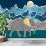 Gold Blue Elephant Original Artwork Mountain Moon Print, thumbnail 1 of 3