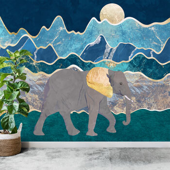 Gold Blue Elephant Original Artwork Mountain Moon Print, 2 of 4