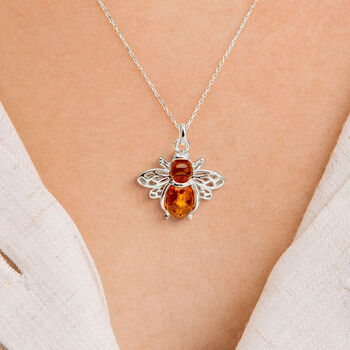 Personalised Sterling Silver Baltic Amber Bumble Bee Necklace, 2 of 12