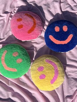 Handmade Tufted Green And Peach Smiley Face Cushion, 3 of 4