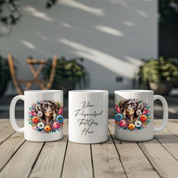 Personalised Dappled Chocolate Dachshund Floral Summer Dog Wreath Gift Keepsake Mug, 2 of 2