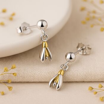 Sterling Silver And Gold Snowdrop Earrings – January Birth Flower Jewellery, 3 of 6